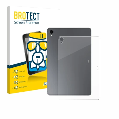 Front side of a product packaging with the brand logo BROTECT. Next to it is the device Samsung Galaxy Tab S11 (Back) shown wi