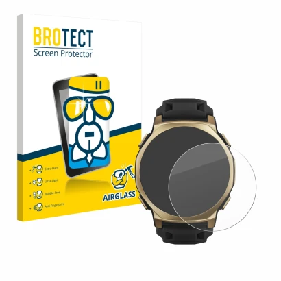 Front side of a product packaging with the brand logo BROTECT. Next to it is the device Huami Amazfit T-Rex 3 Pro (44 mm) show