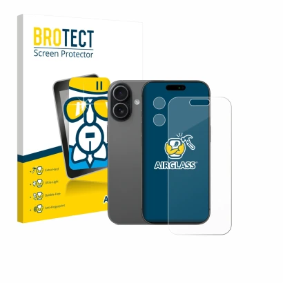 Front side of a product packaging with the brand logo BROTECT. Next to it is the device Apple iPhone 17 (Front+Camera) shown w