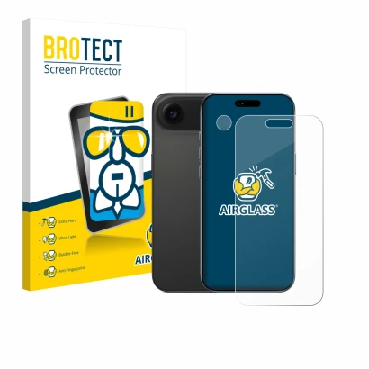 Front side of a product packaging with the brand logo BROTECT. Next to it is the device Apple iPhone Air (Front+Camera) shown 