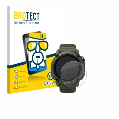 Front side of a product packaging with the brand logo BROTECT. Next to it is the device Coros NOMAD shown with the correspondi