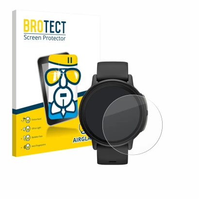 Front side of a product packaging with the brand logo BROTECT. Next to it is the device Garmin Bounce 2 shown with the corresp