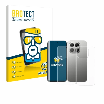 Front side of a product packaging with the brand logo BROTECT. Next to it is the device Xiaomi 15T (Front+Back) shown with the