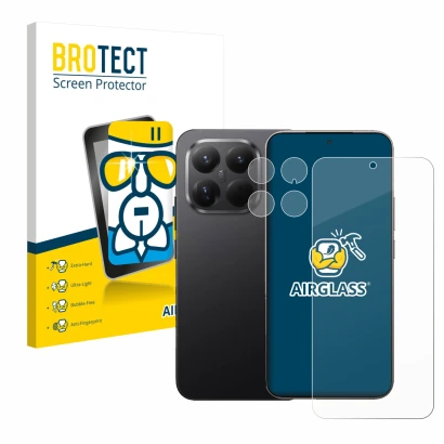 Front side of a product packaging with the brand logo BROTECT. Next to it is the device Xiaomi 15T Pro (Front+Camera) shown wi