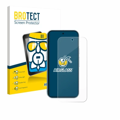 Front side of a product packaging with the brand logo BROTECT. Next to it is the device Google Pixel 9 (case-friendly) shown w