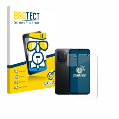 Front side of a product packaging with the brand logo BROTECT. Next to it is the device Xiaomi Poco C85 (Front+Camera) shown w