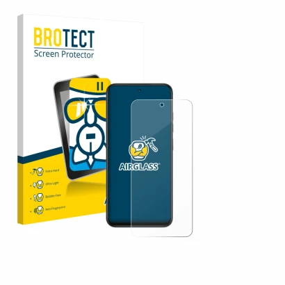 Front side of a product packaging with the brand logo BROTECT. Next to it is the device Infinix Smart 10 shown with the corres