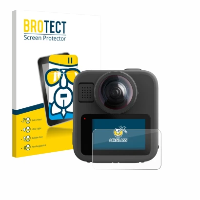Front side of a product packaging with the brand logo BROTECT. Next to it is the device GoPro Max 2 shown with the correspondi