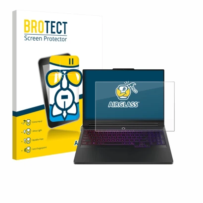 Front side of a product packaging with the brand logo BROTECT. Next to it is the device Lenovo Legion Pro 7 Gen 10 16