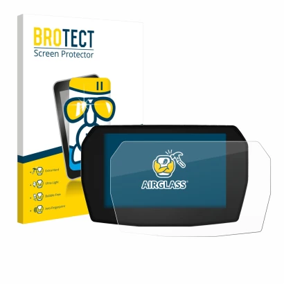 Front side of a product packaging with the brand logo BROTECT. Next to it is the device Ducati Multistrada V2 2025 shown with 