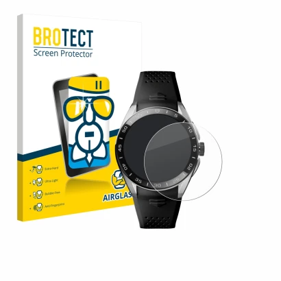 Front side of a product packaging with the brand logo BROTECT. Next to it is the device TAG Heuer Connected Calibre E5 (45 mm)