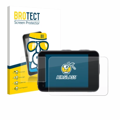 Front side of a product packaging with the brand logo BROTECT. Next to it is the device Akaso Brave 7 shown with the correspon