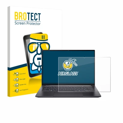 Front side of a product packaging with the brand logo BROTECT. Next to it is the device Acer Swift X 14 SFX14-73G Touch shown 