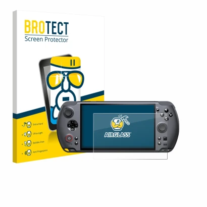 Front side of a product packaging with the brand logo BROTECT. Next to it is the device GPD Win 5 shown with the corresponding