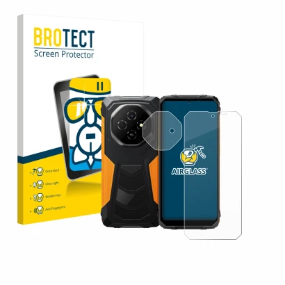 Front side of a product packaging with the brand logo BROTECT. Next to it is the device Blackview Fort 1 (Front+Camera) shown 