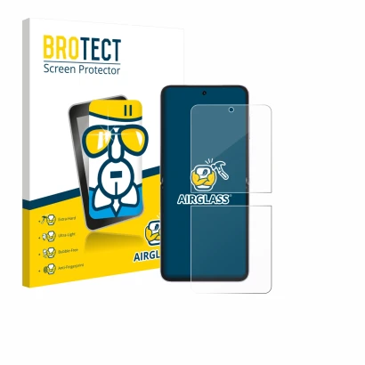Front side of a product packaging with the brand logo BROTECT. Next to it is the device Honor Magic V Flip 2 shown with the co