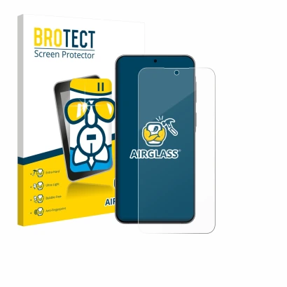 Front side of a product packaging with the brand logo BROTECT. Next to it is the device Samsung Galaxy A57 5G shown with the c