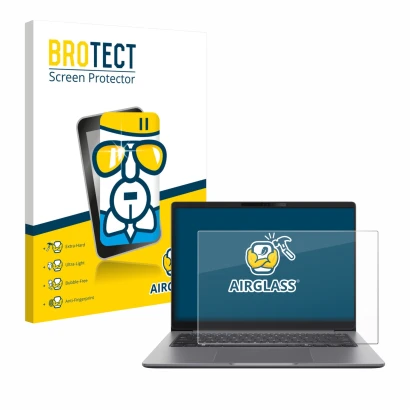 Front side of a product packaging with the brand logo BROTECT. Next to it is the device ASUS ExpertBook P5 G2 shown with the c