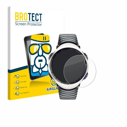 Front side of a product packaging with the brand logo BROTECT. Next to it is the device Suunto Regatta shown with the correspo