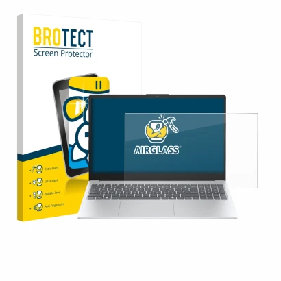 Front side of a product packaging with the brand logo BROTECT. Next to it is the device HP OmniBook 3 15" shown with the corre