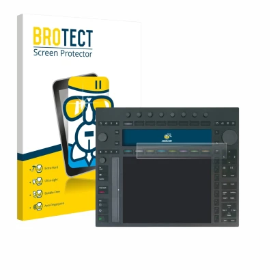 Front side of a product packaging with the brand logo BROTECT. Next to it is the device Ableton Push 3 shown with the correspo