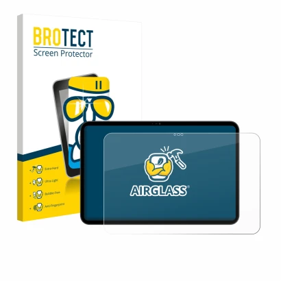 Front side of a product packaging with the brand logo BROTECT. Next to it is the device Blackview Oscal Pad 200 shown with the