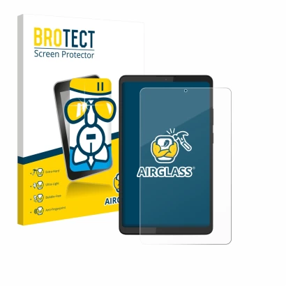 Front side of a product packaging with the brand logo BROTECT. Next to it is the device Lenovo Tab K9 shown with the correspon