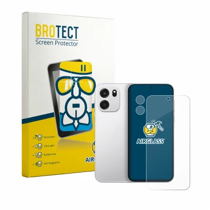 Front side of a product packaging with the brand logo BROTECT. Next to it is the device OnePlus Turbo 6V (Front+Camera) shown