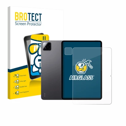 Front side of a product packaging with the brand logo BROTECT. Next to it is the device Xiaomi Pad 7 Pro (Front+Camera) shown 