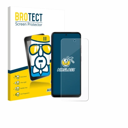 Front side of a product packaging with the brand logo BROTECT. Next to it is the device Motorola Moto G17 shown with the corre
