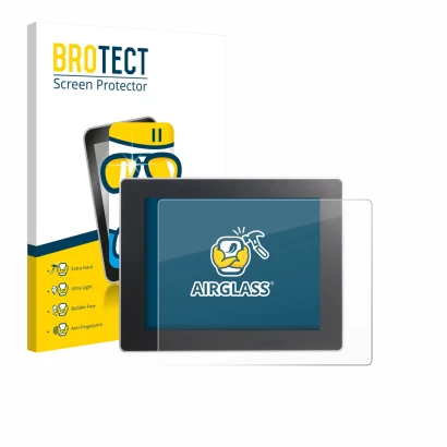 Front side of a product packaging with the brand logo BROTECT. Next to it is the device Weintek cMT3092X shown with the corres