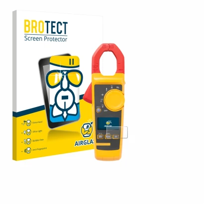 Front side of a product packaging with the brand logo BROTECT. Next to it is the device Fluke 325 shown with the corresponding