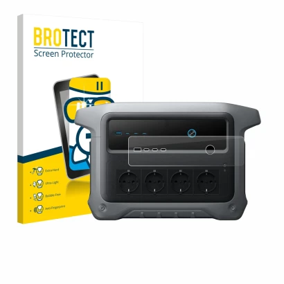 Front side of a product packaging with the brand logo BROTECT. Next to it is the device Anker SOLIX C1000 Gen 2 shown with the