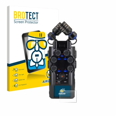 Front side of a product packaging with the brand logo BROTECT. Next to it is the device Zoom H6 studio shown with the correspo
