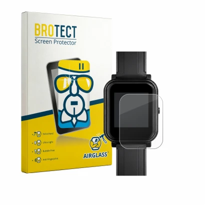 Front side of a product packaging with the brand logo BROTECT. Next to it is the device Bangle.js 2 shown with the correspondi