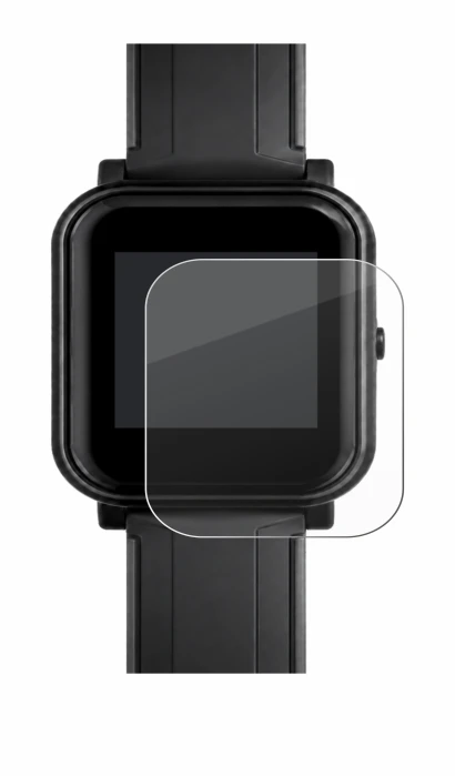 Image of the device Bangle.js 2 with a wide variety of screen protectors.
