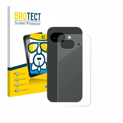 Front side of a product packaging with the brand logo BROTECT. Next to it is the device Google Pixel 10a (Back) shown with the