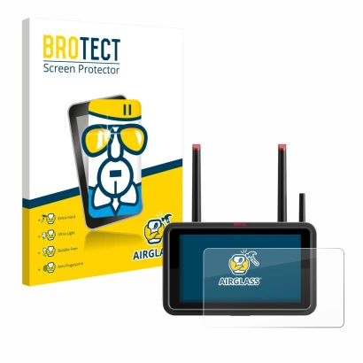Front side of a product packaging with the brand logo BROTECT. Next to it is the device Atomos Ninja TX shown with the corresp