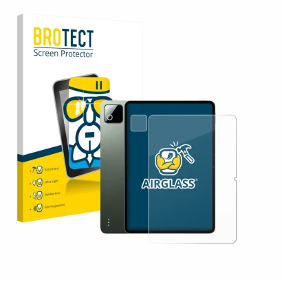 Front side of a product packaging with the brand logo BROTECT. Next to it is the device Xiaomi Pad 8 Pro (Front+Camera) shown 