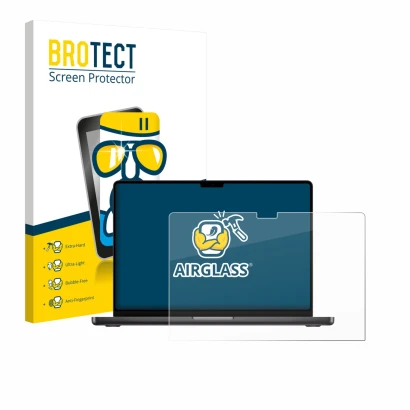 Front side of a product packaging with the brand logo BROTECT. Next to it is the device Apple MacBook Pro 16" M5 2026 shown wi