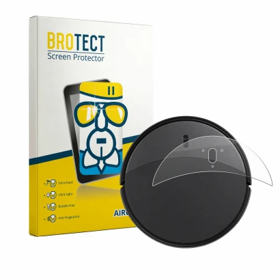 Front side of a product packaging with the brand logo BROTECT. Next to it is the device Roborock Saros 20 shown with the corre