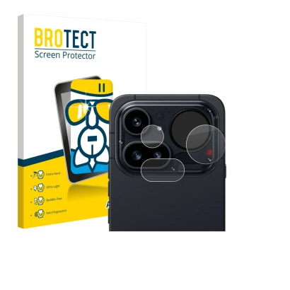 Front side of a product packaging with the brand logo BROTECT. Next to it is the device Nothing Phone (4a) Pro (ONLY Camera Le