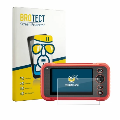 Front side of a product packaging with the brand logo BROTECT. Next to it is the device Launch CRP129E Plus shown with the cor