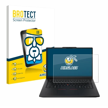 Front side of a product packaging with the brand logo BROTECT. Next to it is the device Lenovo ThinkPad P14s Gen 7 14" shown w