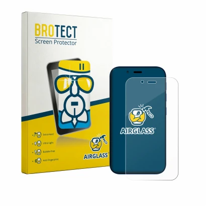 Front side of a product packaging with the brand logo BROTECT. Next to it is the device Hisense U964 shown with the correspond