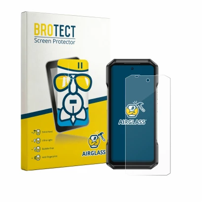 Front side of a product packaging with the brand logo BROTECT. Next to it is the device Ulefone Armor 27T Pro Plus shown with