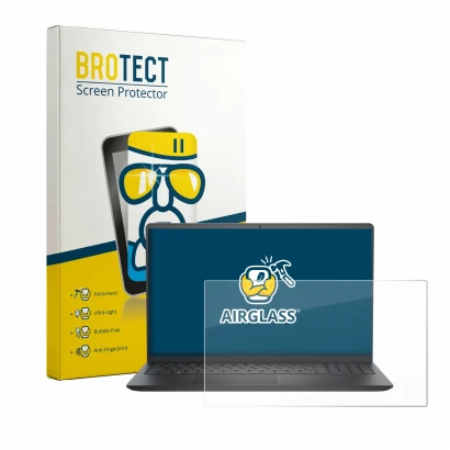 Front side of a product packaging with the brand logo BROTECT. Next to it is the device Dell Pro 15 Essential PV15250 shown wi