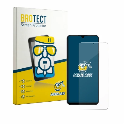 Front side of a product packaging with the brand logo BROTECT. Next to it is the device Blackview Wave 10C shown with the corr