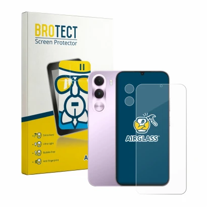 Front side of a product packaging with the brand logo BROTECT. Next to it is the device realme C100i (Front+Camera) shown with