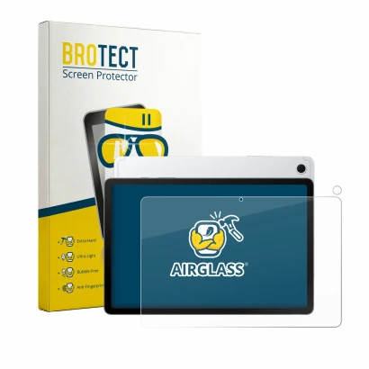 Front side of a product packaging with the brand logo BROTECT. Next to it is the device Samsung Galaxy Tab S10 Lite (Front+Cam